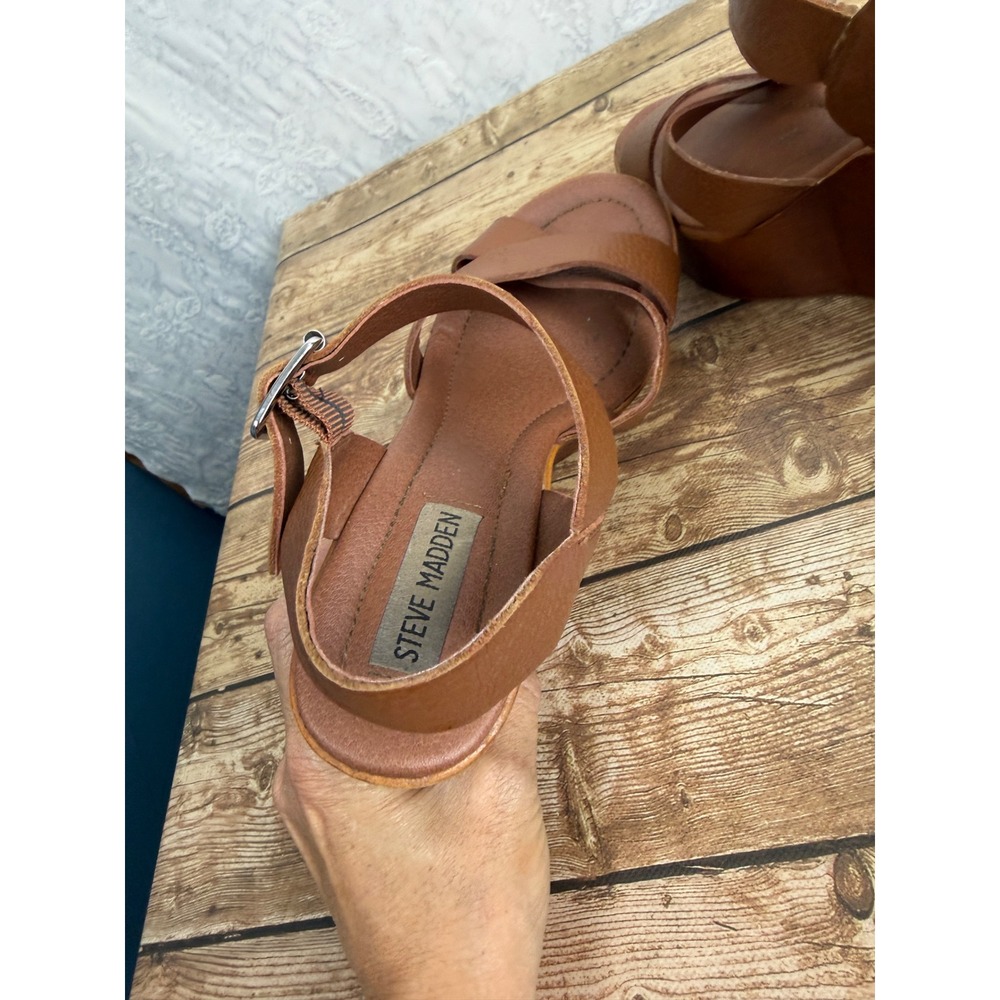 Steve Madden Womens 7 Brown Platform Wedge Sandals Faux Leather Y2K Boho Strappy - Picture 10 of 11